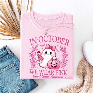 In October We Wear Pink Ghost Sweatshirt, Cancer Pink Ribbon Shirt, Halloween Ghost Shirt
